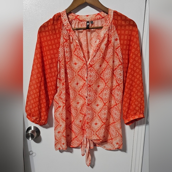Kut From The Kloth | Orange Geometric Sheer Button Down Blouse - Picture 2 of 10